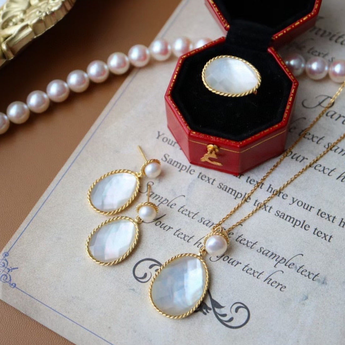 Parelmoer ovale gefacetteerde stenen sieradenset - goud vermeil - oorbellen &amp;amp; ketting &amp;amp; ring Copy